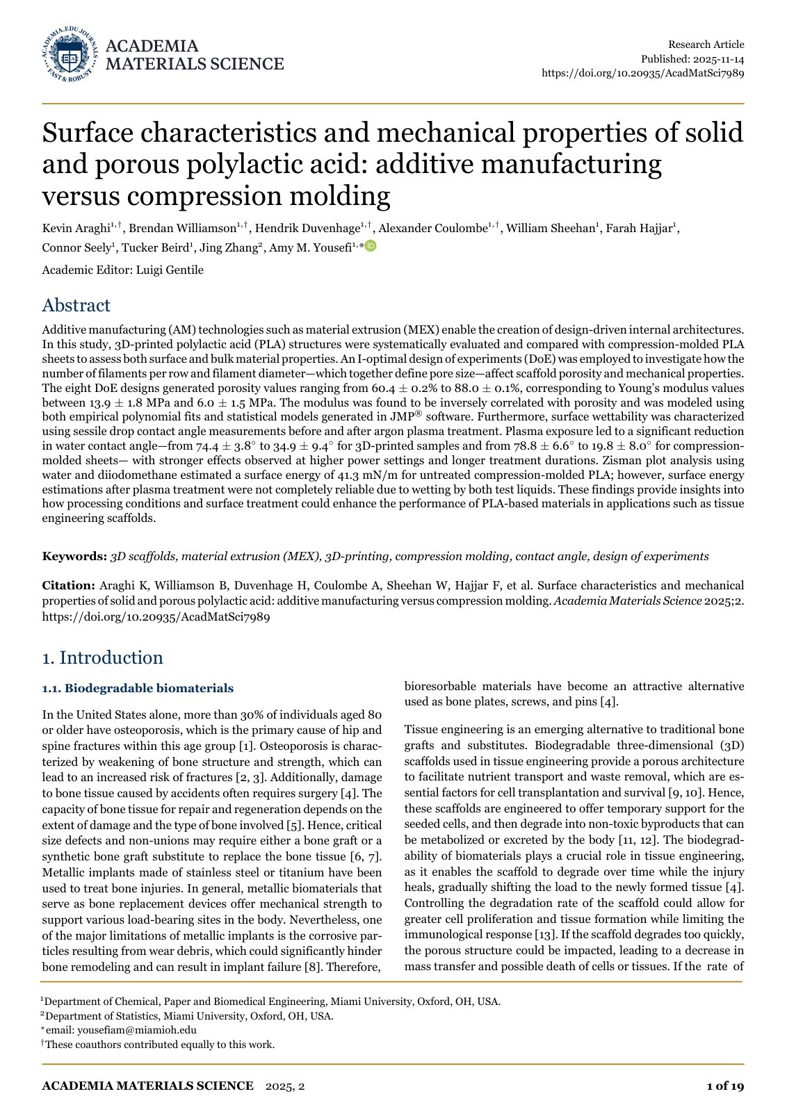 First page of Surface characteristics and mechanical properties of solid and porous polylactic acid: additive manufacturing versus compression molding