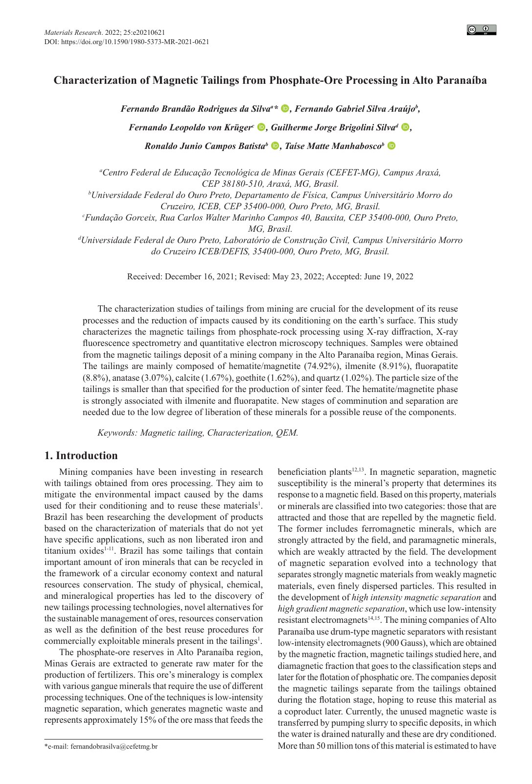 First page of Characterization of Magnetic Tailings from Phosphate-Ore Processing in Alto Paranaíba