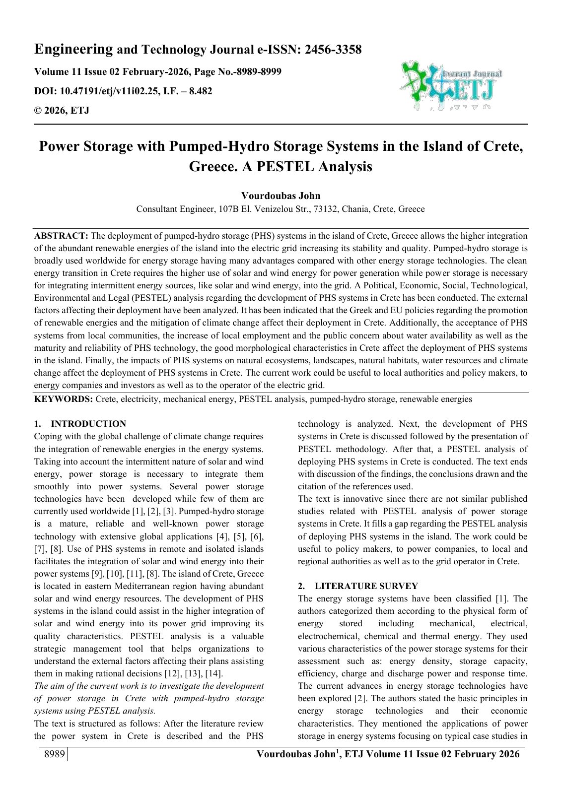 First page of Power Storage with Pumped-Hydro Storage Systems in the Island of Crete,  Greece. A PESTEL Analysis