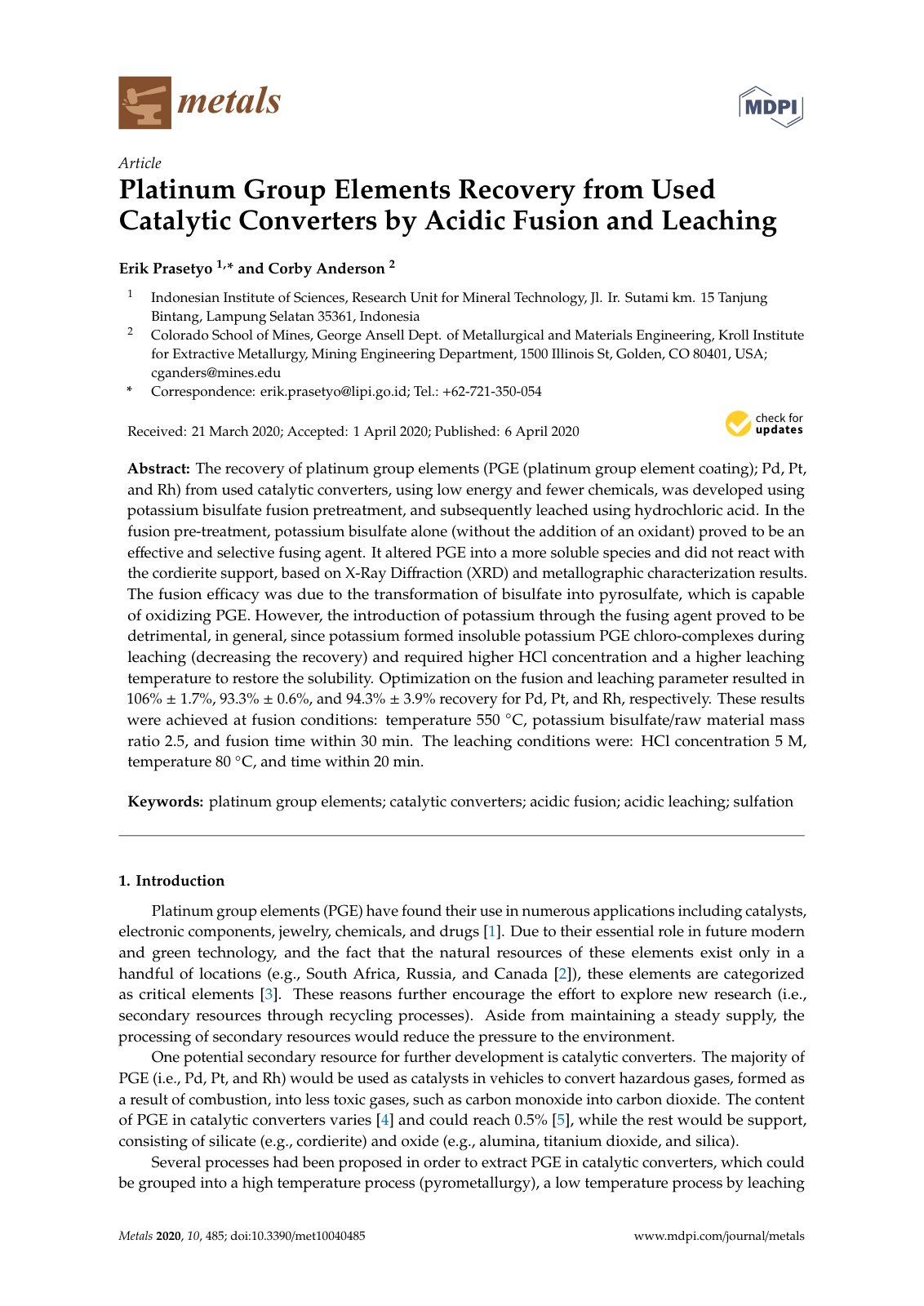 First page of 2020   Prasetyo   Platinum Group Elements Recovery from Used Catalytic Converters by Acidic Fusion