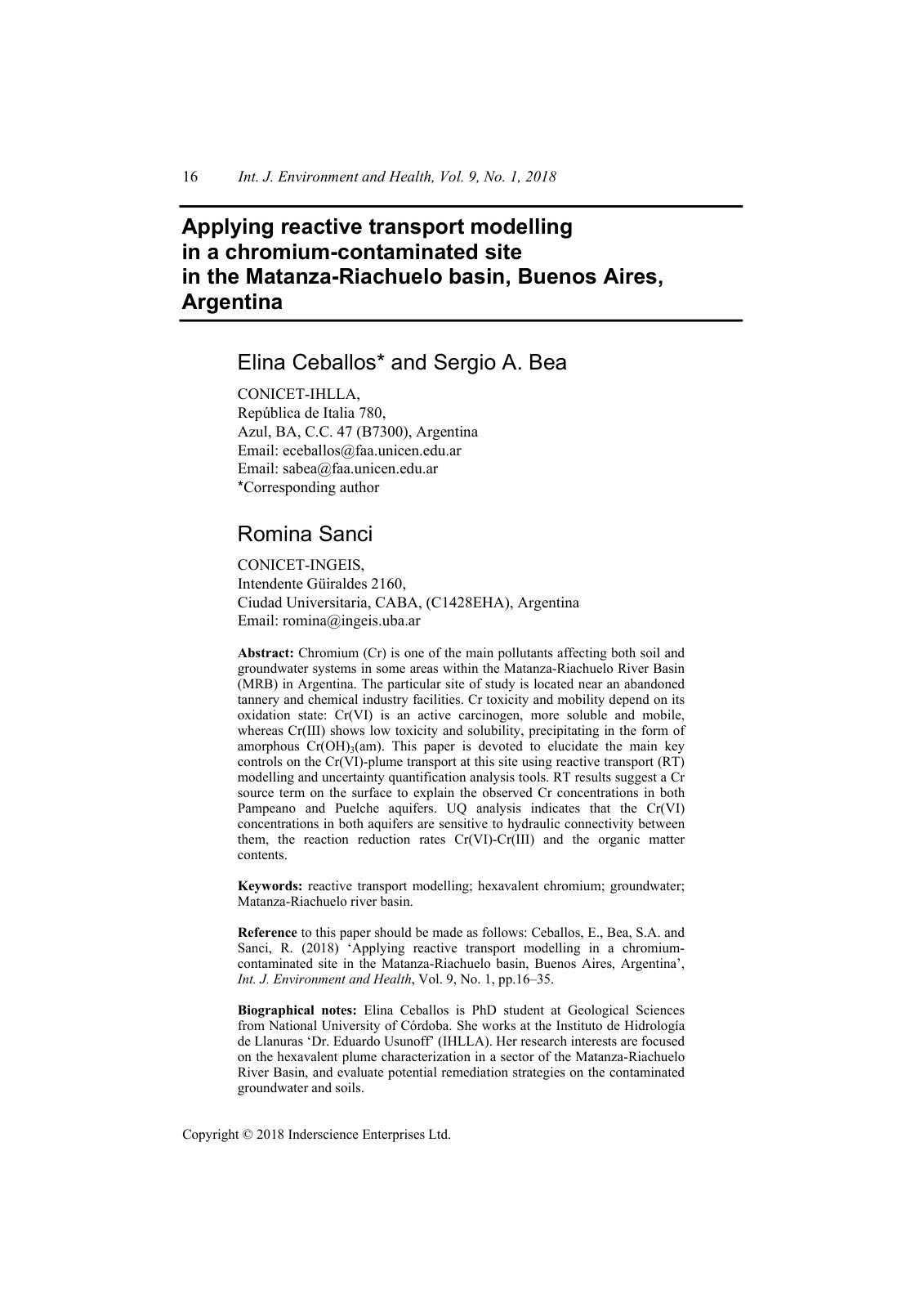 First page of Applying reactive transport modelling in a chromium-contaminated site in the Matanza-Riachuelo basin, Buenos Aires, Argentina