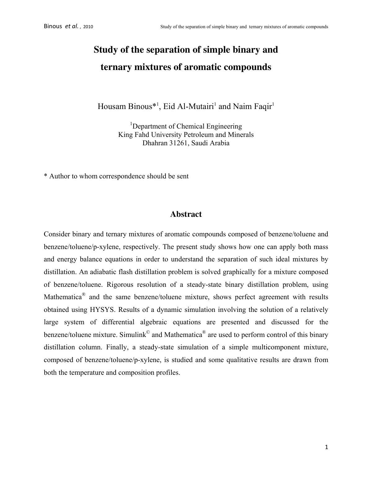 First page of Study of the separation of simple binary