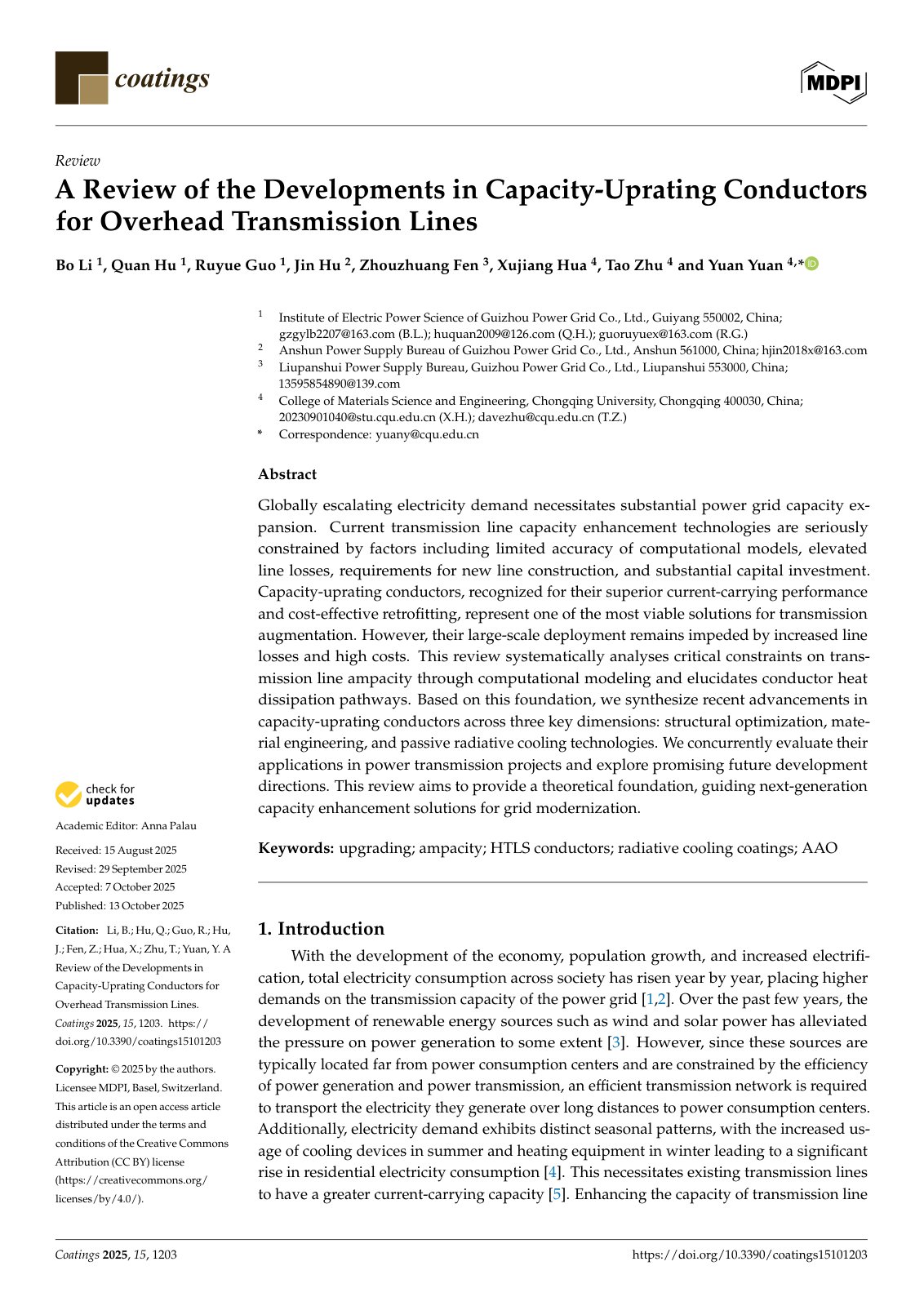 First page of A Review of the Developments in Capacity-Uprating Conductors for Overhead Transmission Lines