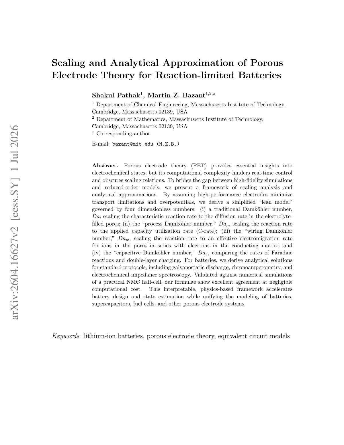 First page of Scaling and Analytical Approximation of Porous Electrode Theory for Reaction-limited Batteries