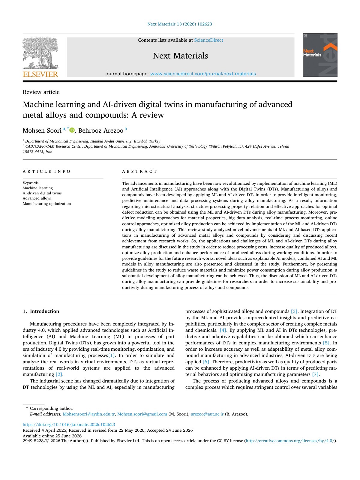 First page of Machine learning and AI driven digital twins in manufacturing o 2026 Next Ma