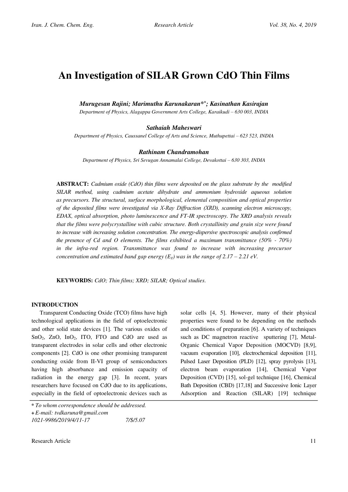 First page of An Investigation of SILAR Grown CdO Thin