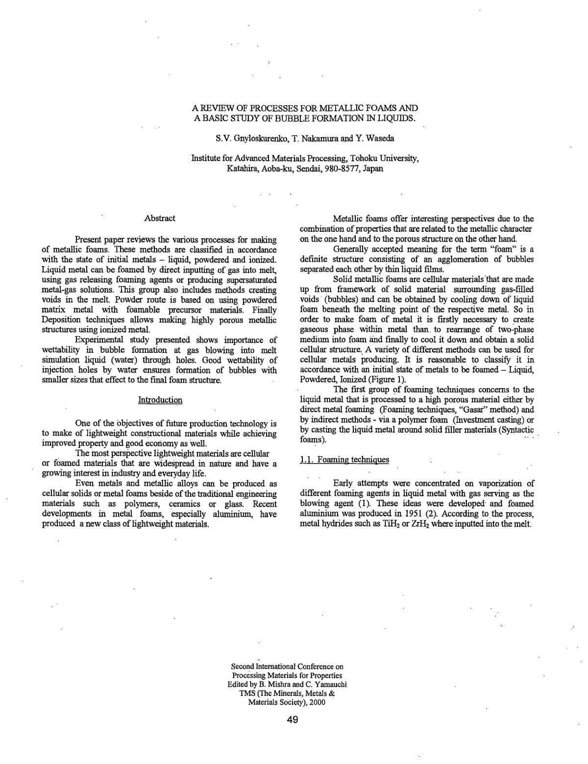 First page of A REVIEW OF PROCESSES FOR METALLIC FOAMS AND A BASIC STUDY OF BUBBLE FORMATION IN LIQUIDS
