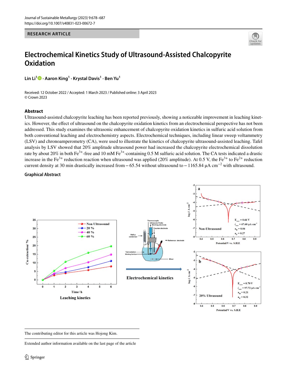 First page of Electrochemical Kinetics Study of Ultrasound‑Assisted Chalcopyrite Oxidation