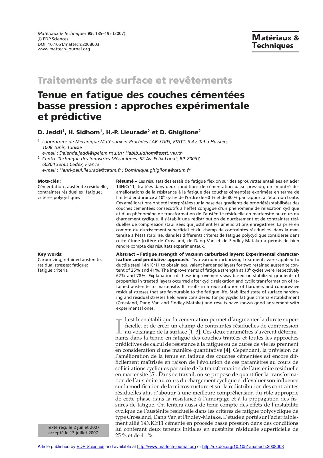 First page of Tenue en fatigue des couches cementees b
