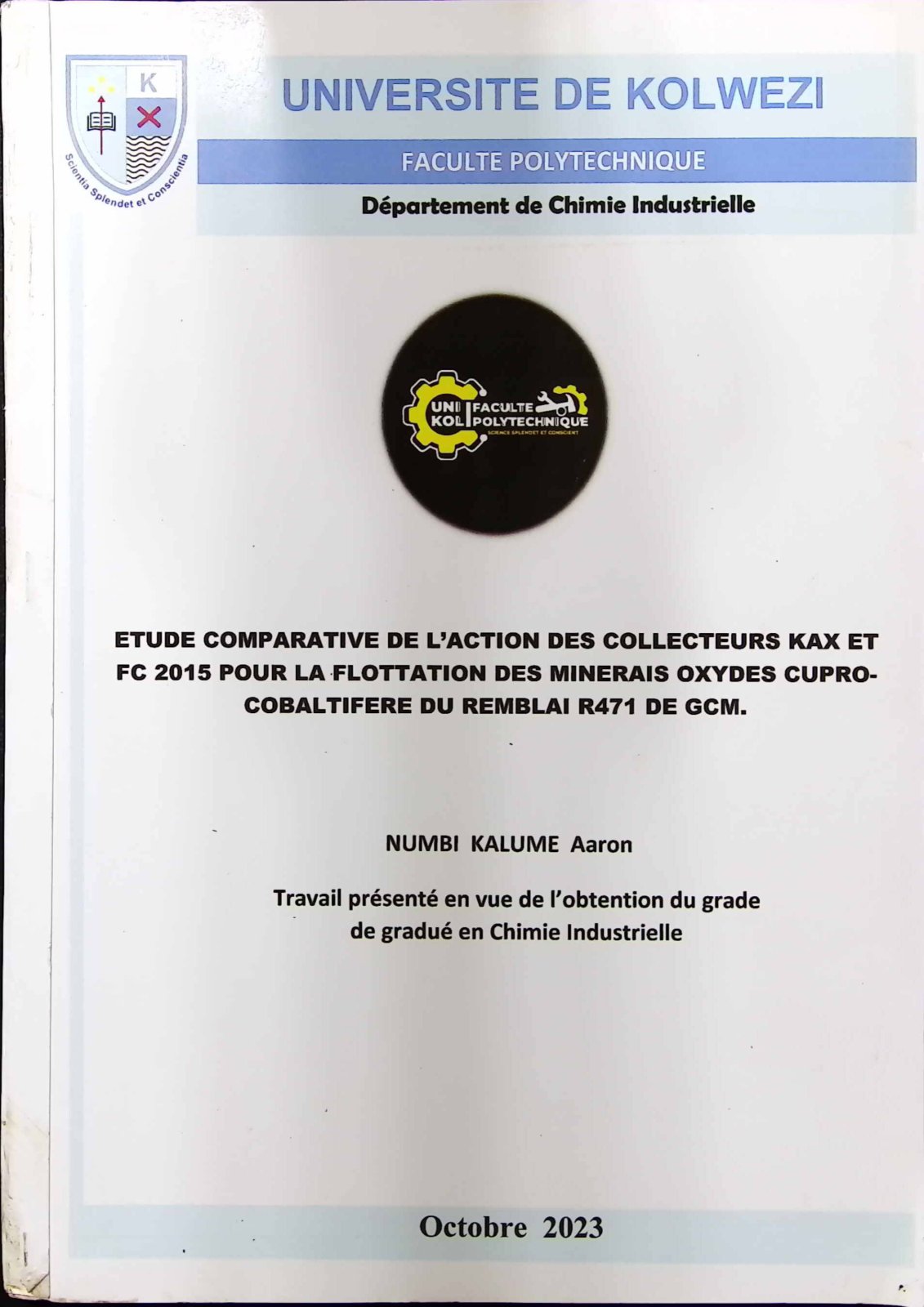 First page of ETUDE COMPARATIVE DE L’ACTION DES COLLECTEURS KAX ET FC 2015 POUR LA FLOTTATION DES MINERAIS OXYDES CUPRO-COBALTIFERE DU REMBLAI R471 DE GCM.