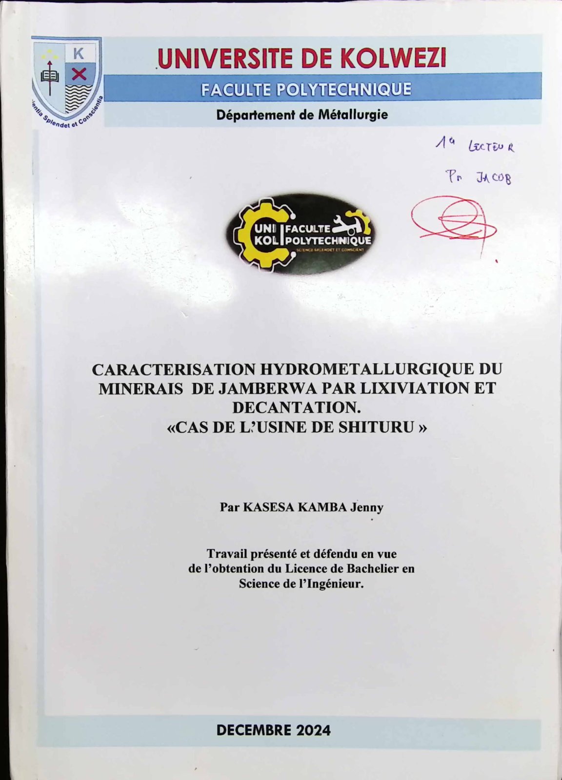 First page of CARACTERISATION HYDROMETALLURGIQUE DU MINERAIS DE JAMBERWA PAR LIXIVIATION ET DECANTATION. « CAS DE L’USINE DE SHITURU »