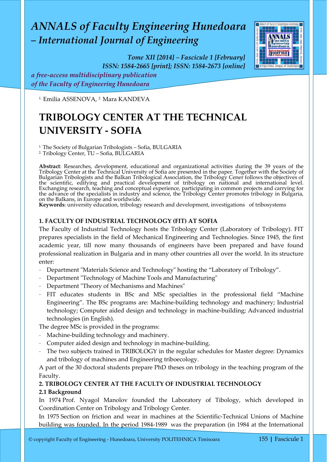 First page of TRIBOLOGY CENTER AT THE TECHNICAL UNIVERSITY - SOFIA