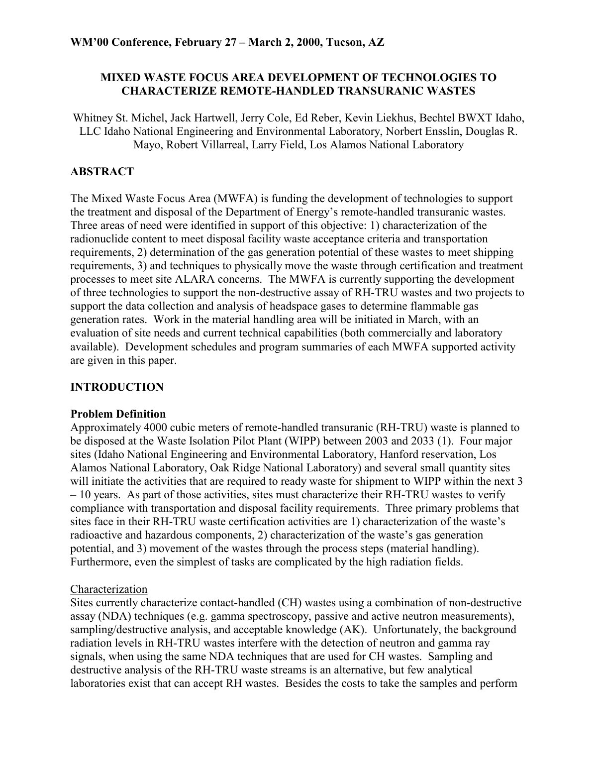 First page of MIXED WASTE FOCUS AREA DEVELOPMENT OF TECHNOLOGIES TO CHARACTERIZE REMOTE-HANDLED TRANSURANIC WASTES