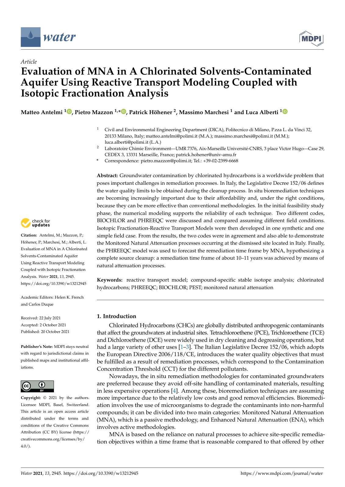 First page of Evaluation of MNA in A Chlorinated Solvents-Contaminated Aquifer Using Reactive T ransport Modeling Coupled with Isotopic Fractionation Analysis