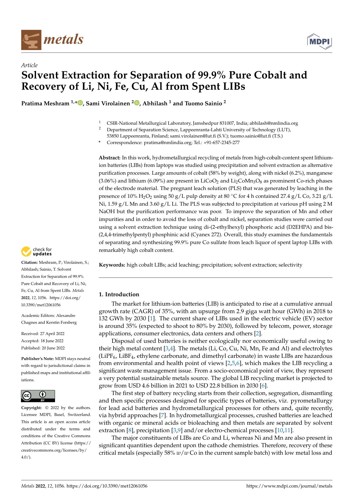 First page of Solvent Extraction for Separation of 99