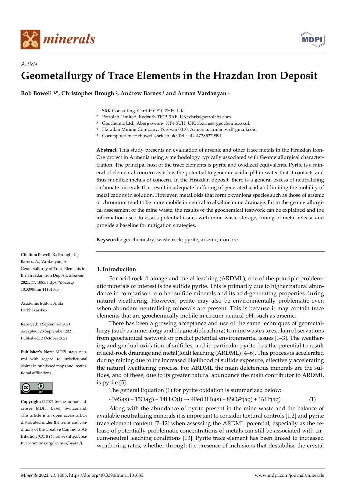First page of Geometallurgy of Trace Elements in the Hrazdan Iron Deposit
