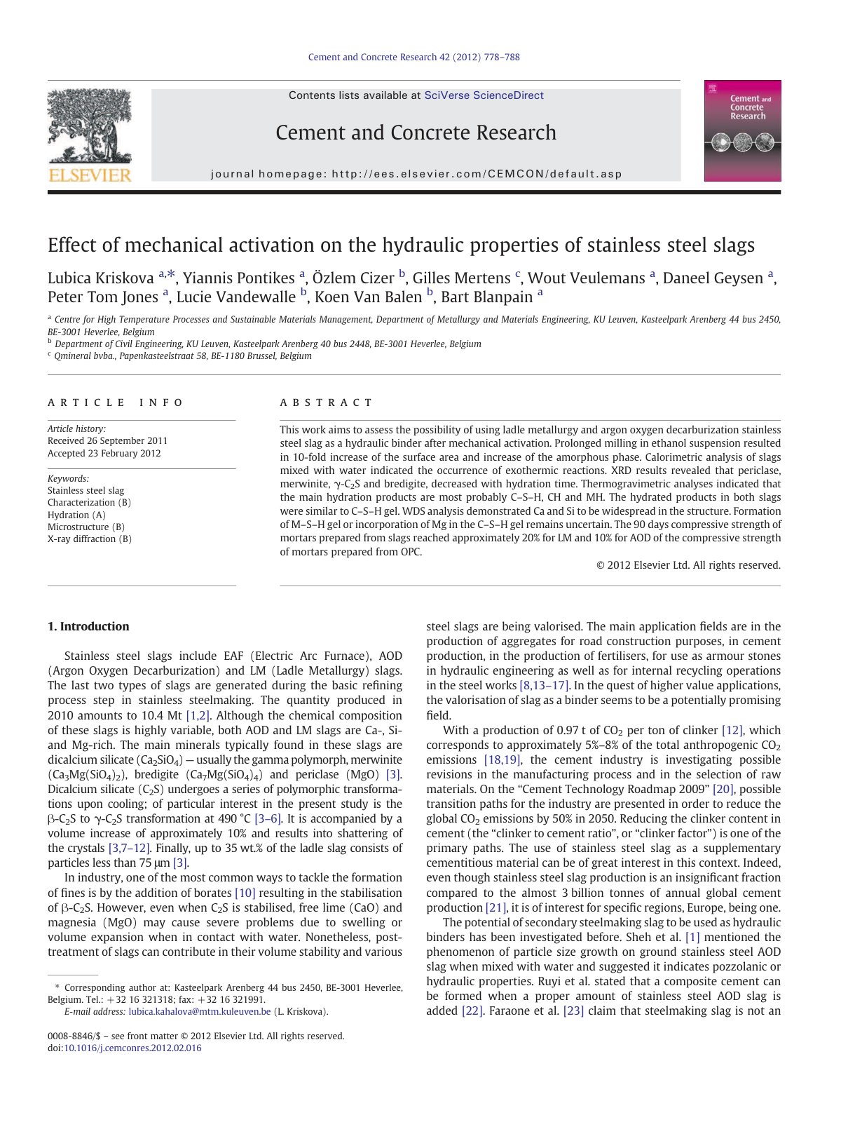 First page of Effect of mechanical activation on the hydraulic properties of stainless steel slags