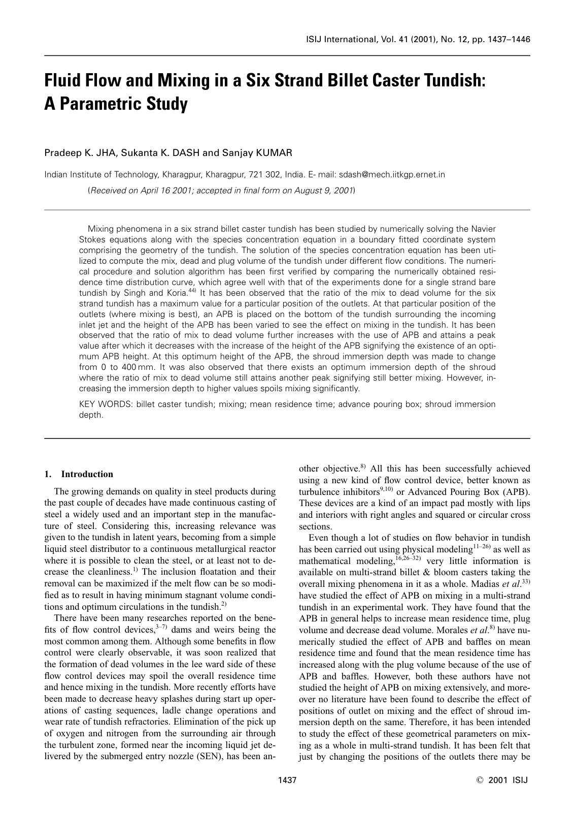 First page of Fluid Flow and Mixing in a Six Strand Bi