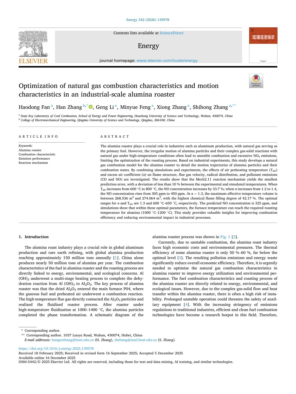 First page of Optimization of natural gas combustion characteristics and motion c 2026 Ene