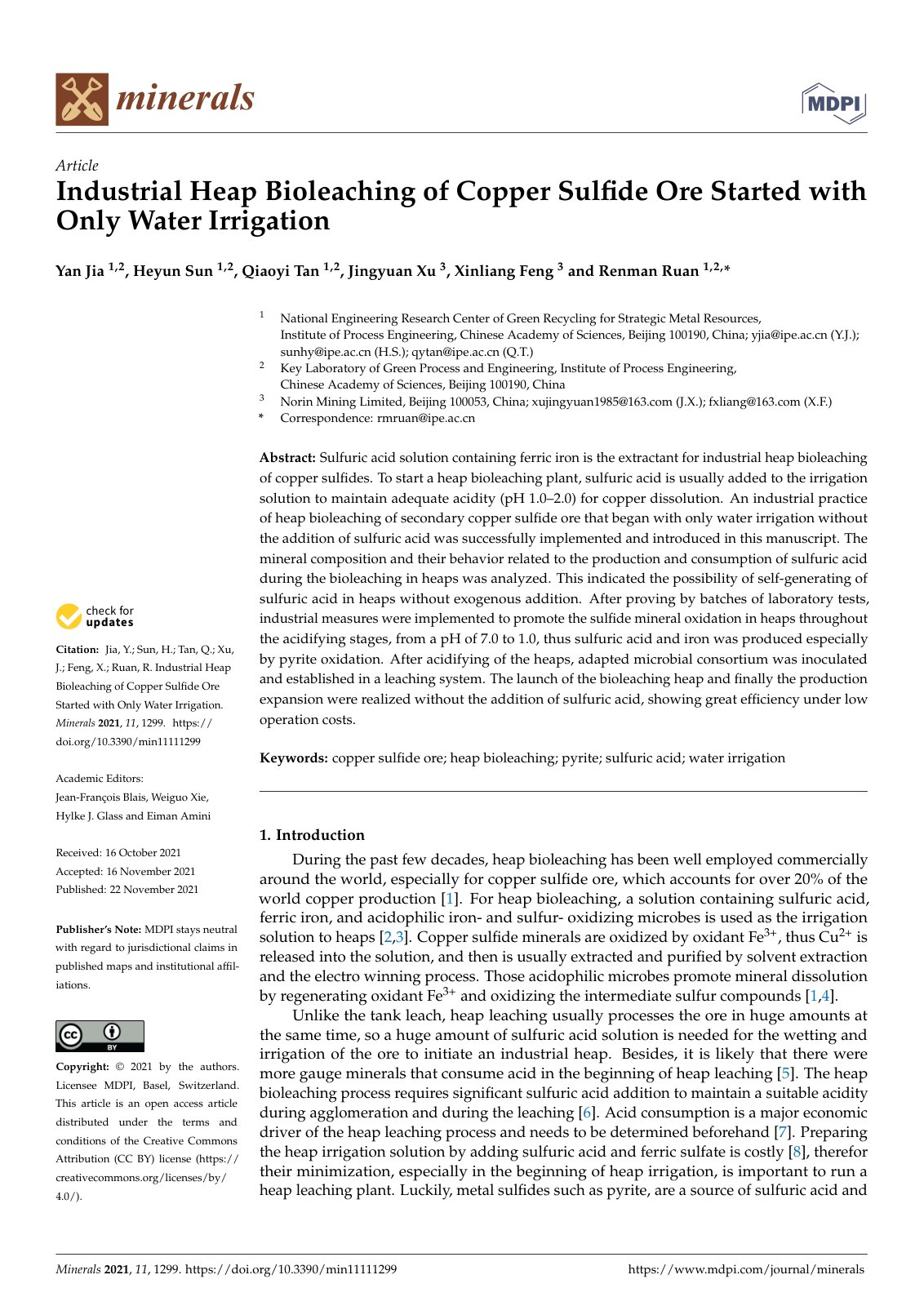 First page of 2021   Jia   Industrial Heap Bioleaching of Copper Sulfide Ore Started with Only Water