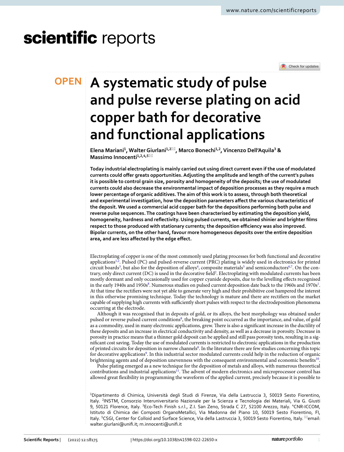 First page of A systematic study of pulse and pulse reverse plating on acid copper bath for decorative and functional applications
