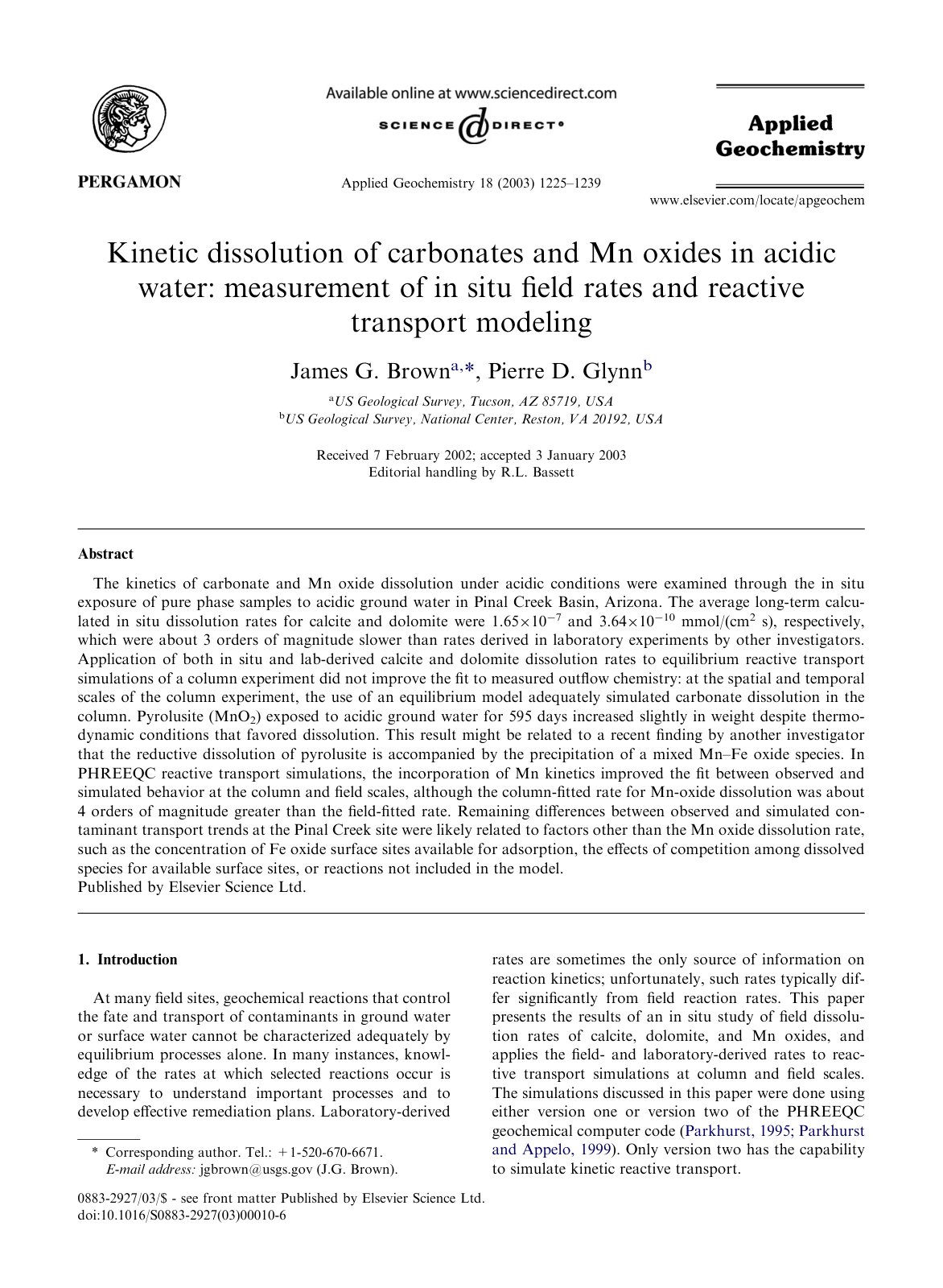 First page of Kinetic dissolution of carbonates and Mn oxides in acidic water: measurement of in situ ﬁeld rates and reactive transport modeling
