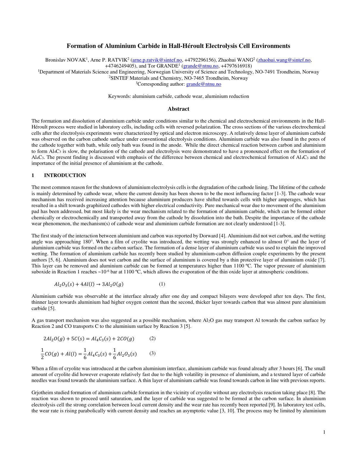 First page of Formation of Aluminium Carbide in Hall H