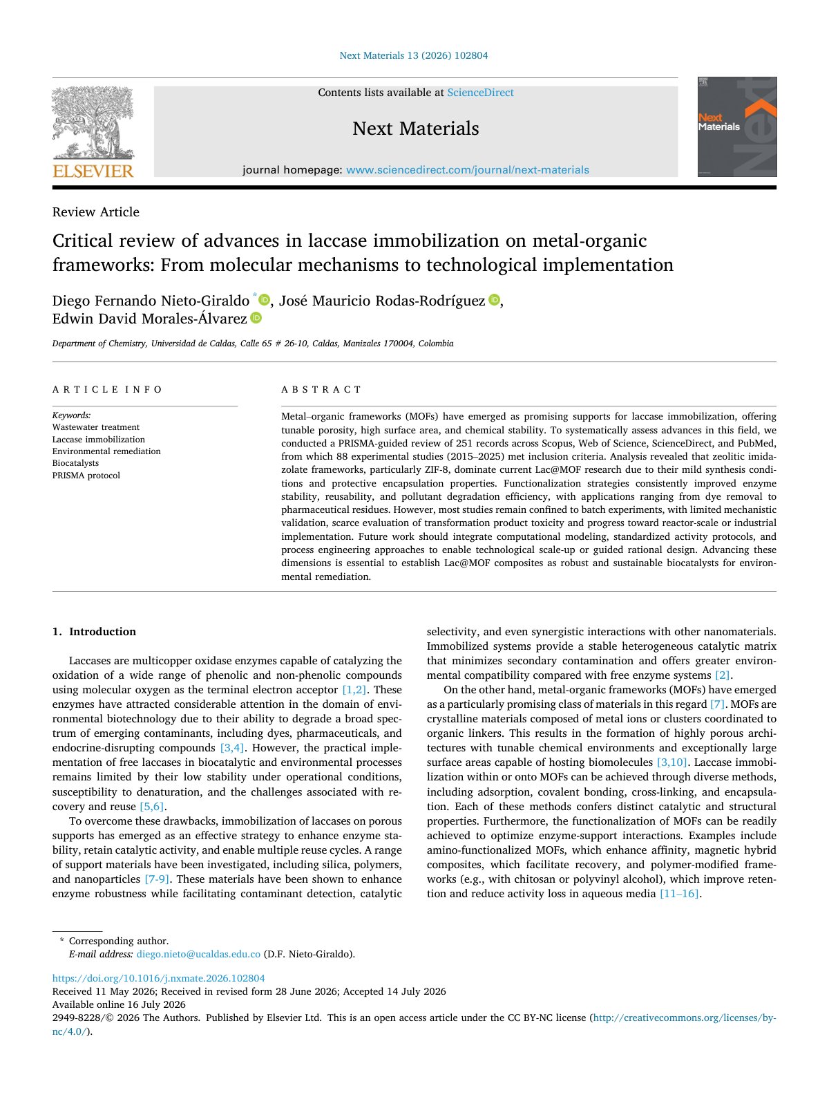 First page of Critical review of advances in laccase immobilization on metal o 2026 Next M
