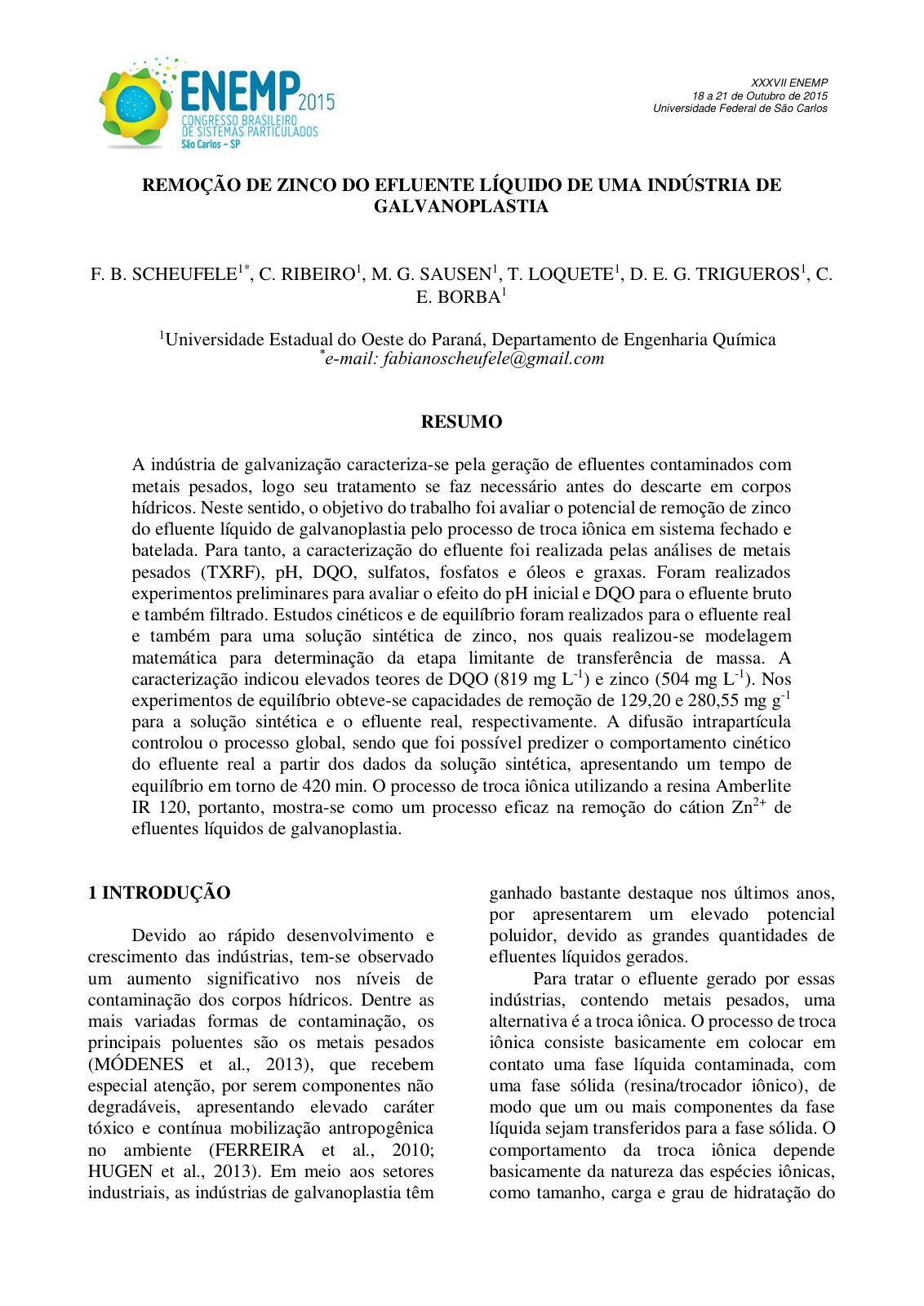 First page of Remocao De Zinco Do Efluente Liquido De