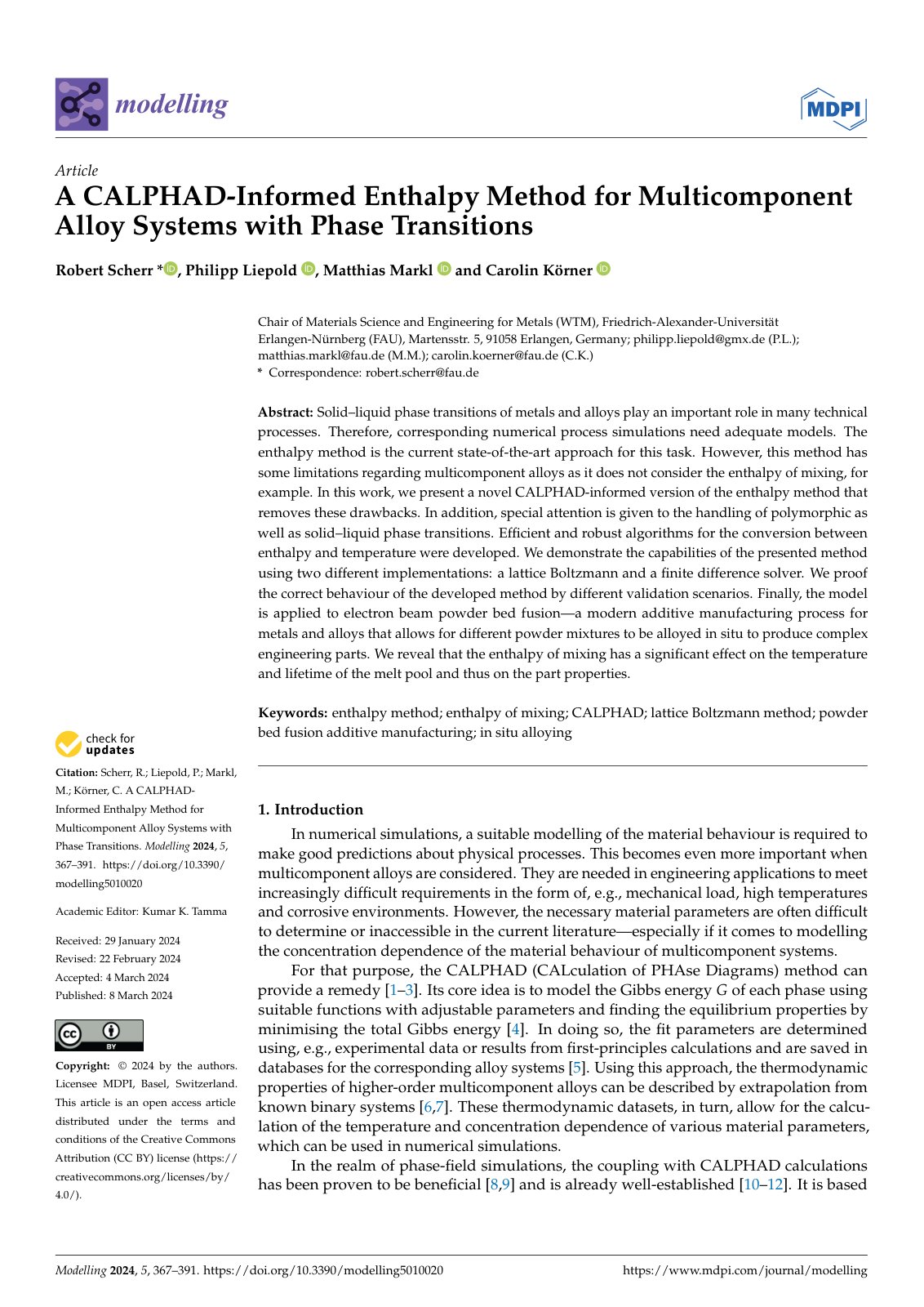First page of A CALPHAD-Informed Enthalpy Method for Multicomponent Alloy Systems with Phase Transitions