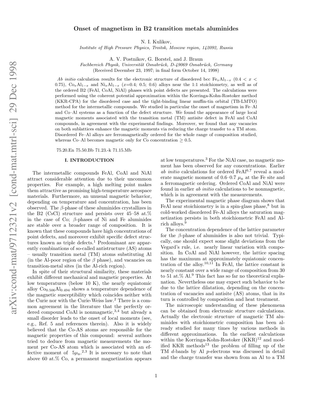 First page of Onset of magnetism in B2 transition metals aluminides