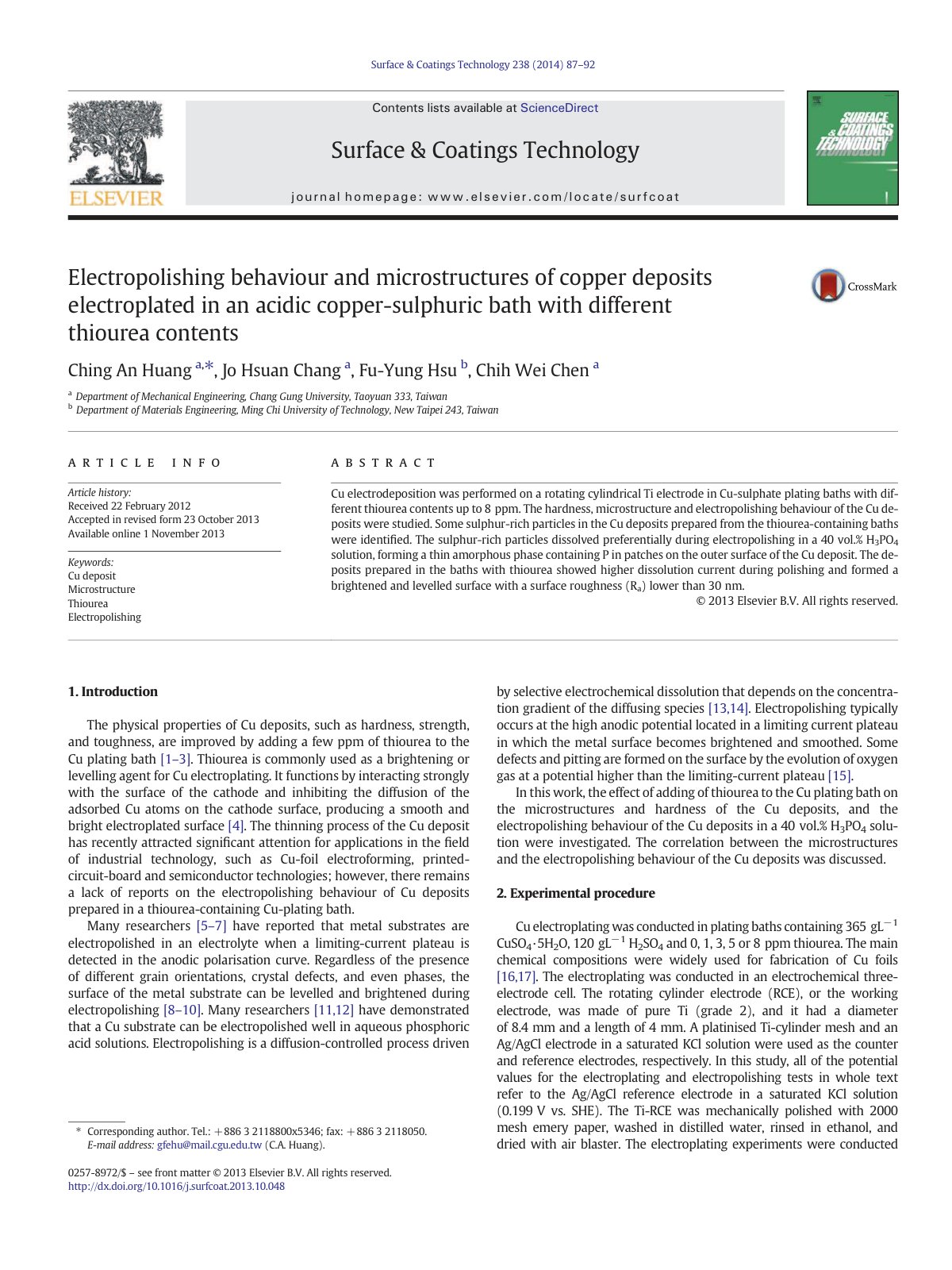 First page of Electropolishing behaviour and microstructures of copper deposits electroplated in an acidic copper-sulphuric bath with different thiourea contents