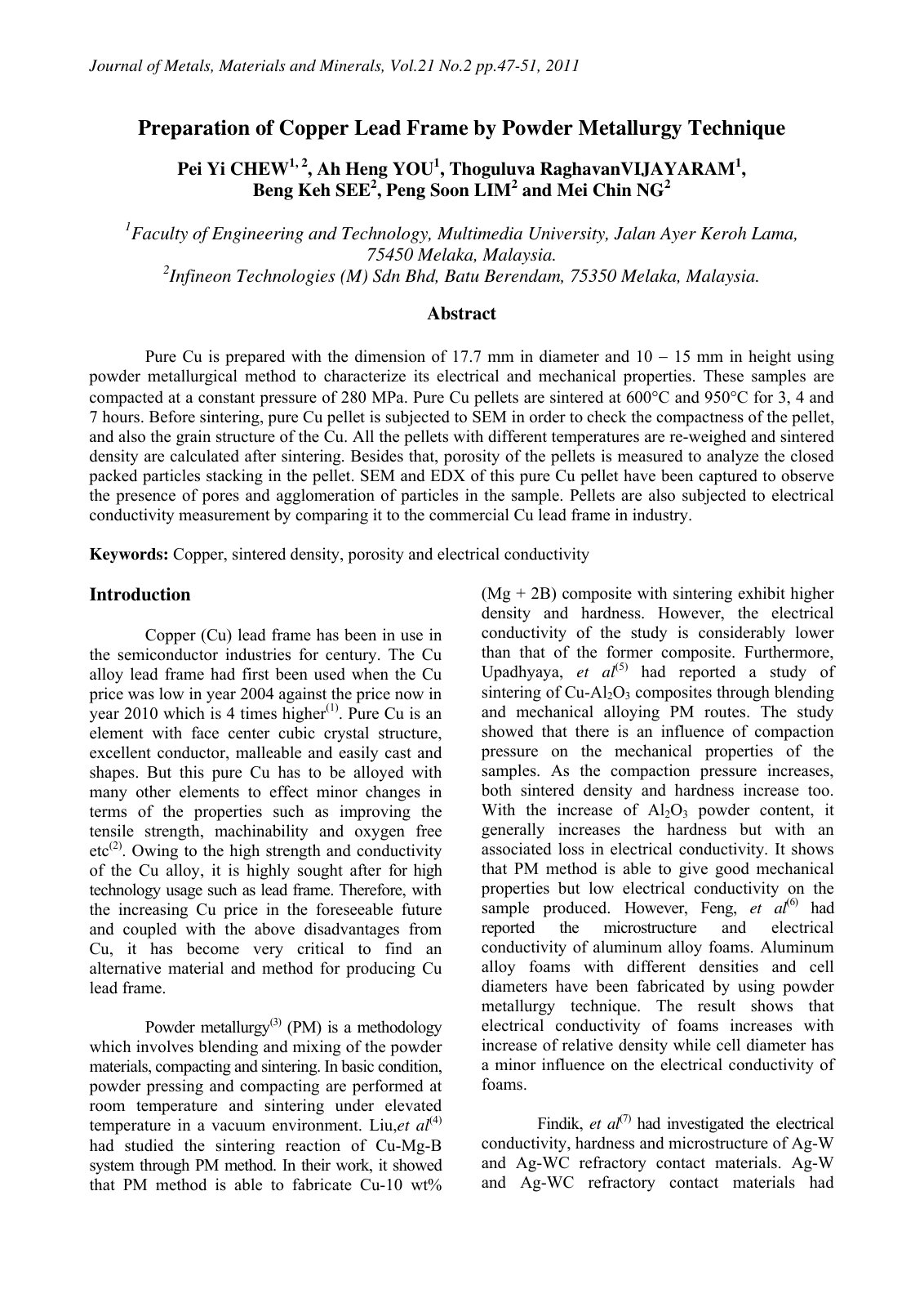 First page of Preparation of Copper Lead Frame by Powd