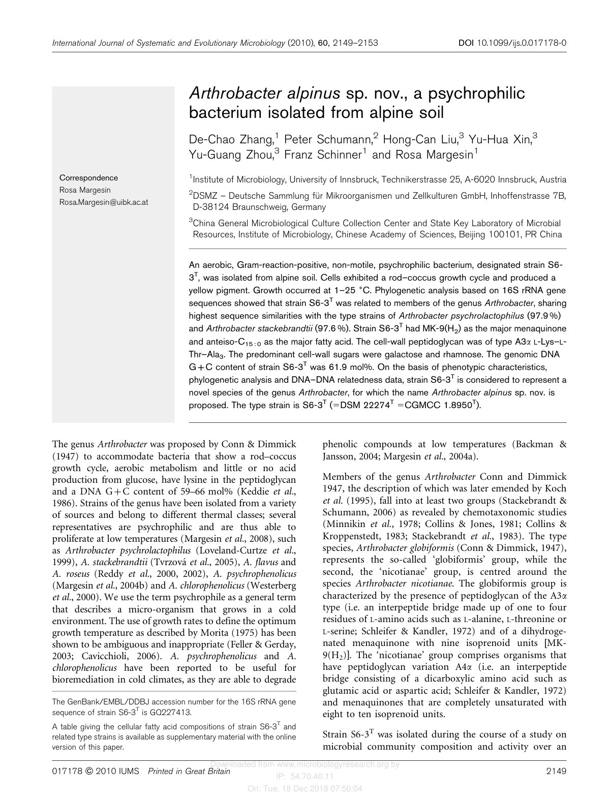 First page of Arthrobacter alpinus sp. nov., a psychrophilic bacterium isolated from alpine soil