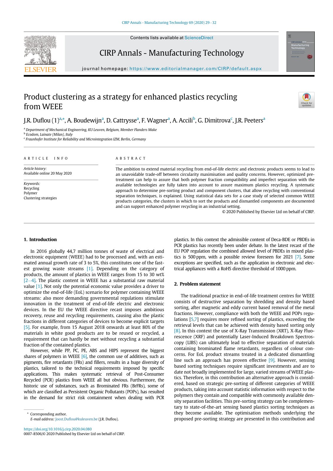 First page of Product clustering as a strategy for enhanced plastics recycl 2020 CIRP Anna
