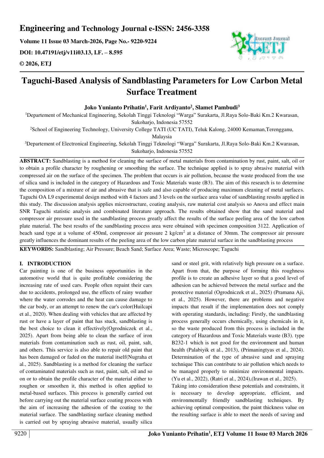 First page of Taguchi-Based Analysis of Sandblasting Parameters for Low Carbon Metal  Surface Treatment