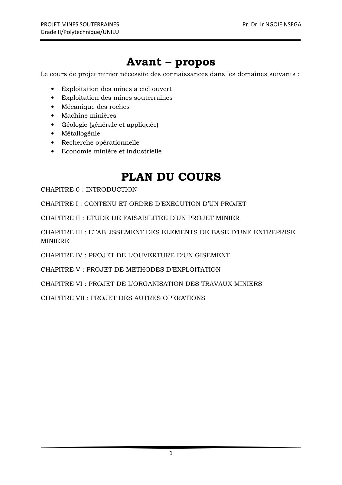 First page of Cours de projet des mines souterraines