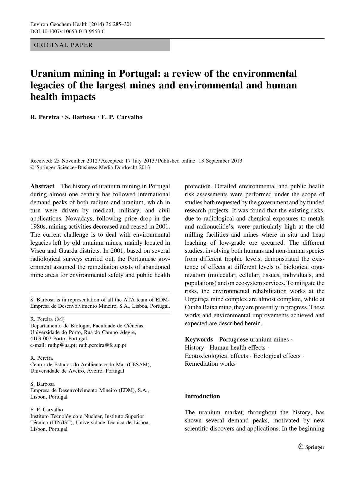 First page of Uranium mining in Portugal: a review of the environmental legacies of the largest mines and environmental and human health impacts