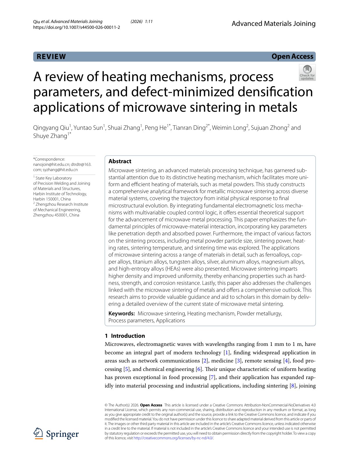 First page of A review of heating mechanisms, process parameters, and defect-minimized densification applications of microwave sintering in metals