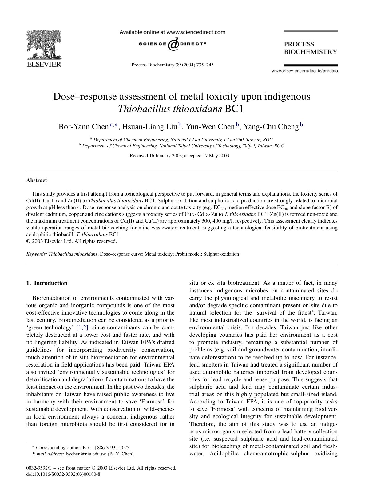 First page of Dose–response assessment of metal toxicity upon indigenous Thiobacillus thiooxidans BC1