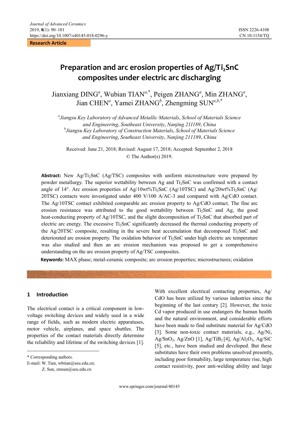 First page of Preparation and arc erosion properties of Ag/Ti2SnC composites under electric arc discharging