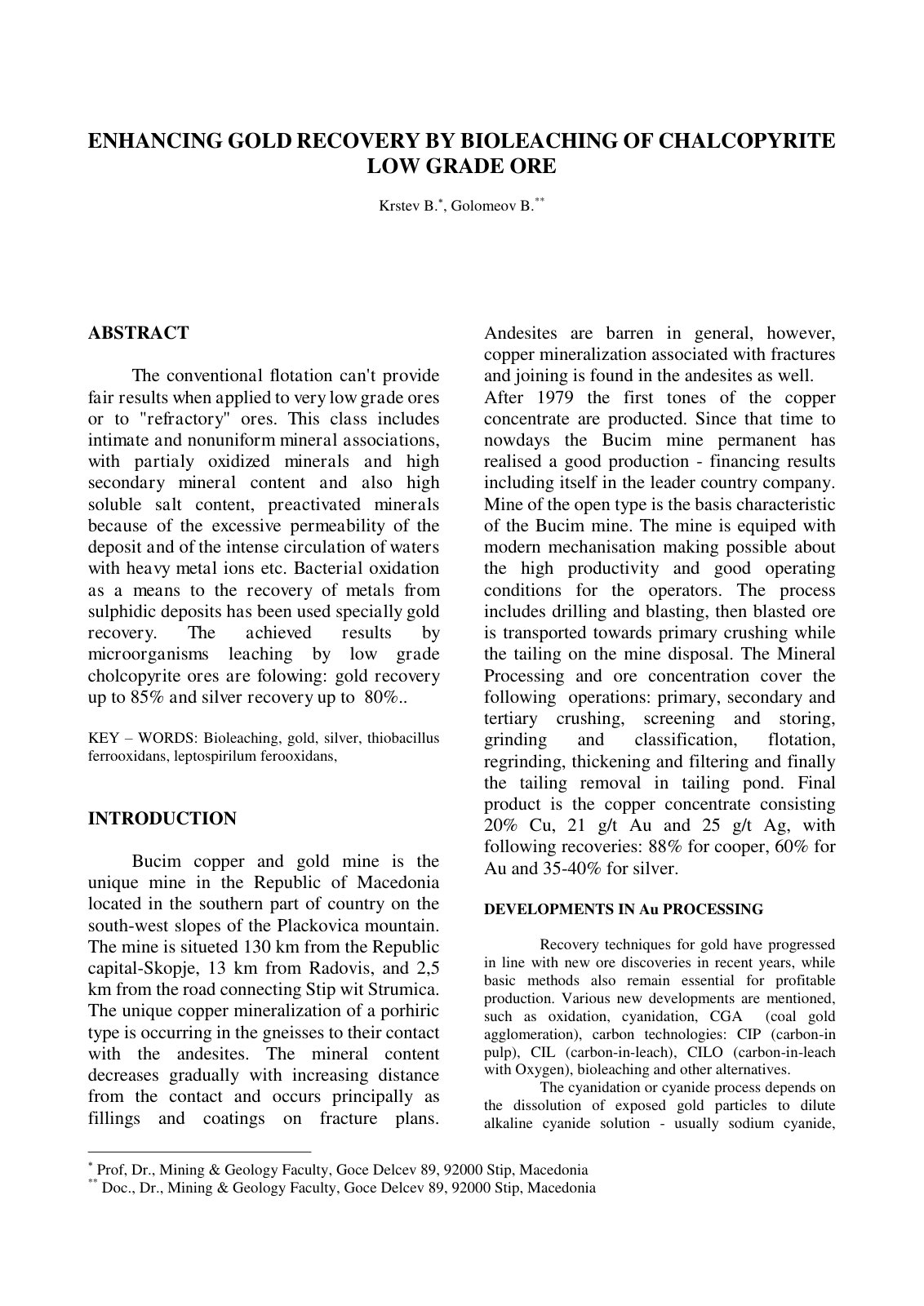 First page of Enhancing gold recovery by bioleaching o