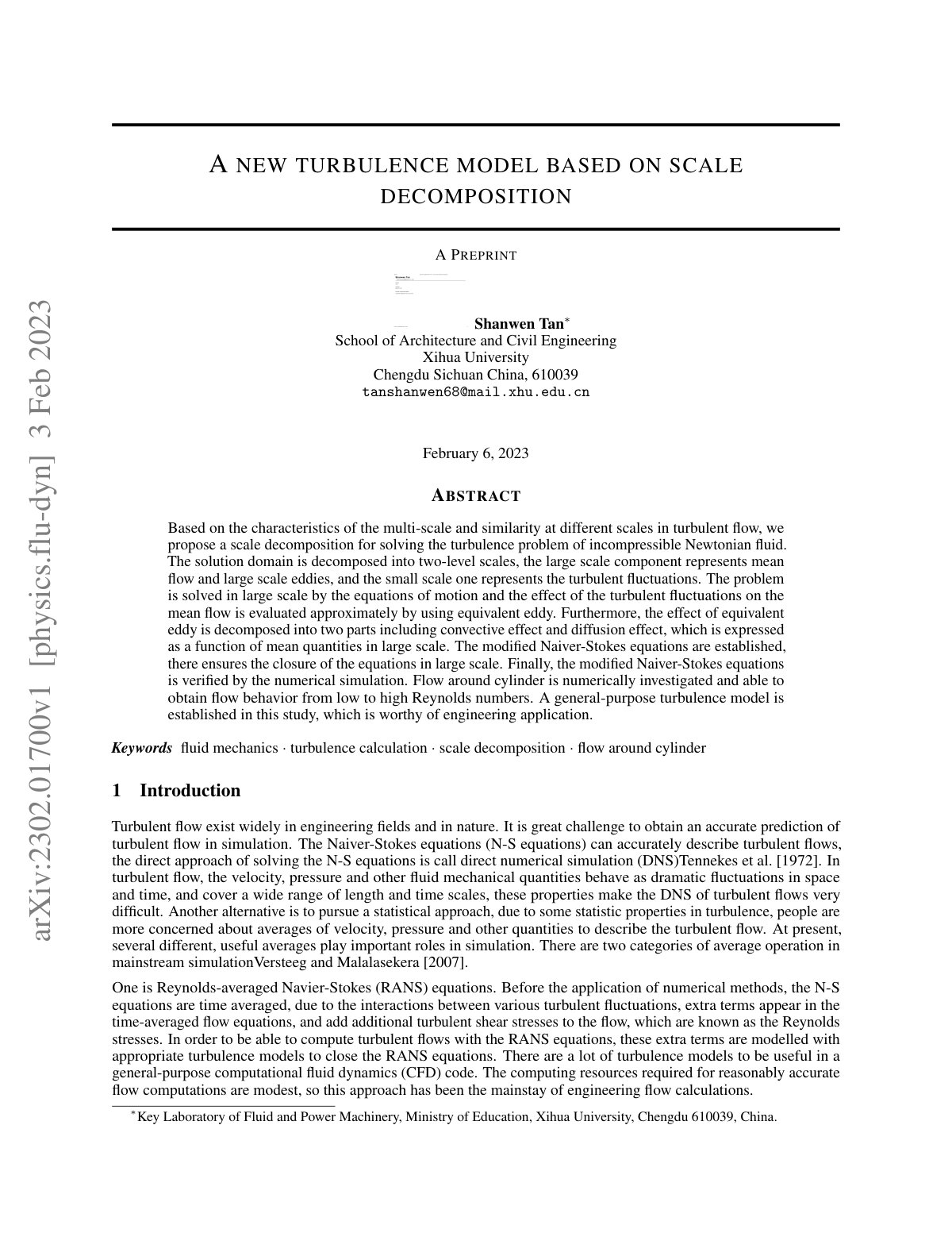 First page of A new turbulence model based on scale decomposition