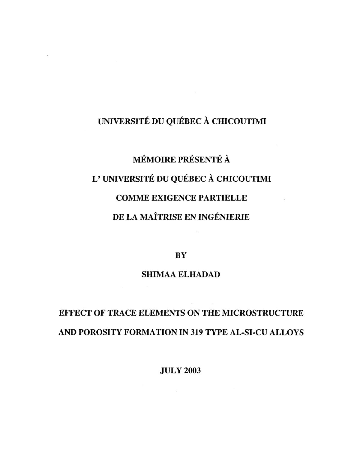 First page of EFFECT OF TRACE ELEMENTS ON THE MICROSTRUCTURE AND POROSITY FORMATION IN 319 TYPE AL-SI-CU ALLOYS