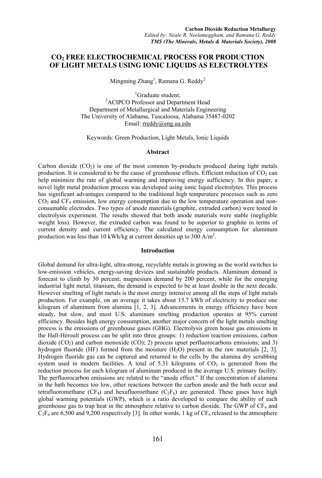 First page of CO2 FREE ELECTROCHEMICAL PROCESS FOR PRODUCTION OF LIGHT METALS USING IONIC LIQUIDS AS ELECTROLYTES