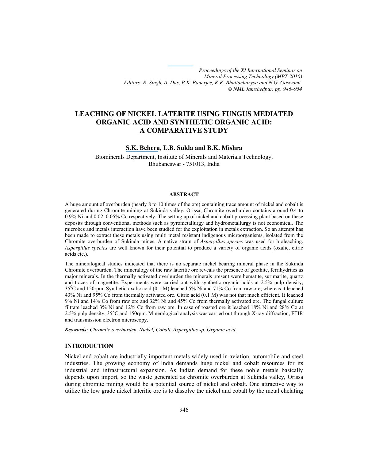 First page of LEACHING OF NICKEL LATERITE USING FUNGUS MEDIATED ORGANIC ACID AND SYNTHETIC ORGANIC ACID: A COMPARATIVE STUDY