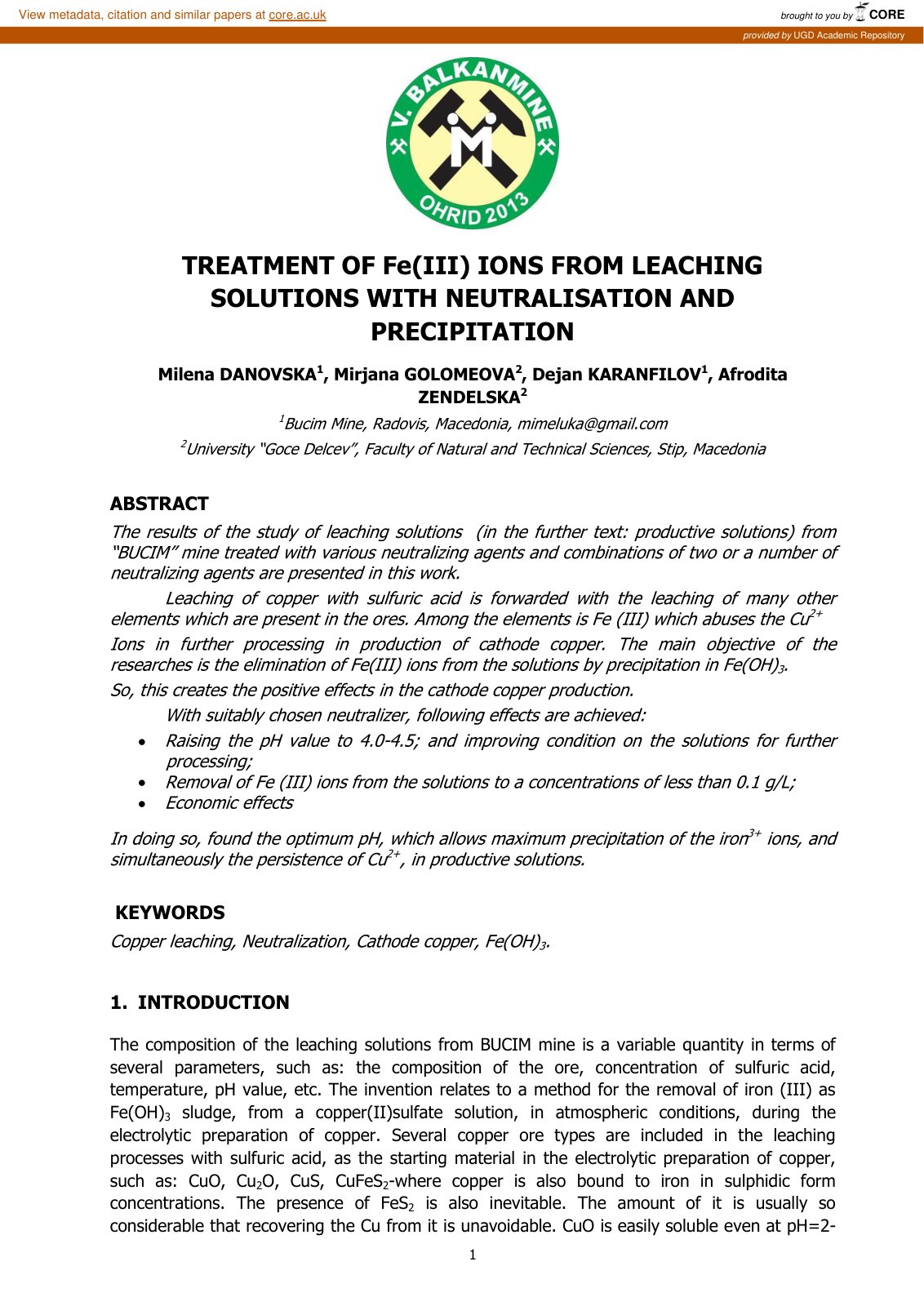 First page of Treatment of Fe III ions from leaching s