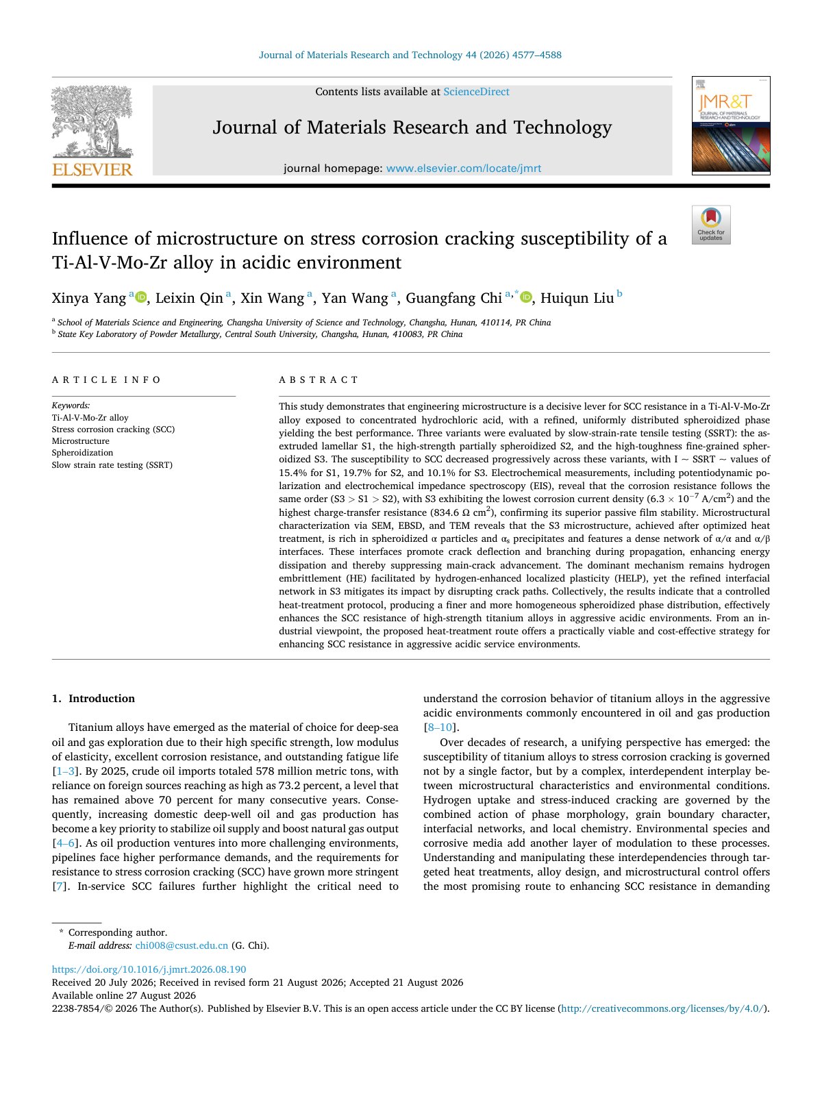 First page of Influence of microstructure on stress corrosion cra 2026 Journal of Material