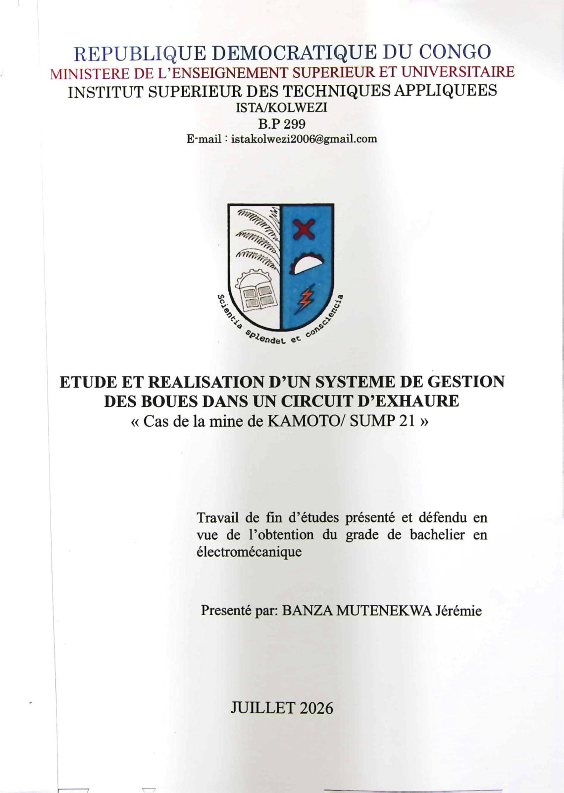 First page of ETUDE ET REALISATION D'UN SYSTEME DE GESTION DES BOUES DANS UN CIRCUIT D'EXHAURE « Cas de la mine de KAMOTO/ SUMP 21»