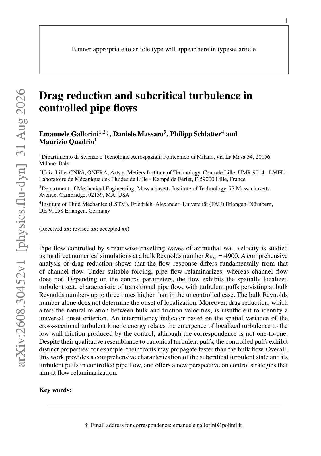 First page of Drag reduction and subcritical turbulence in controlled pipe flows